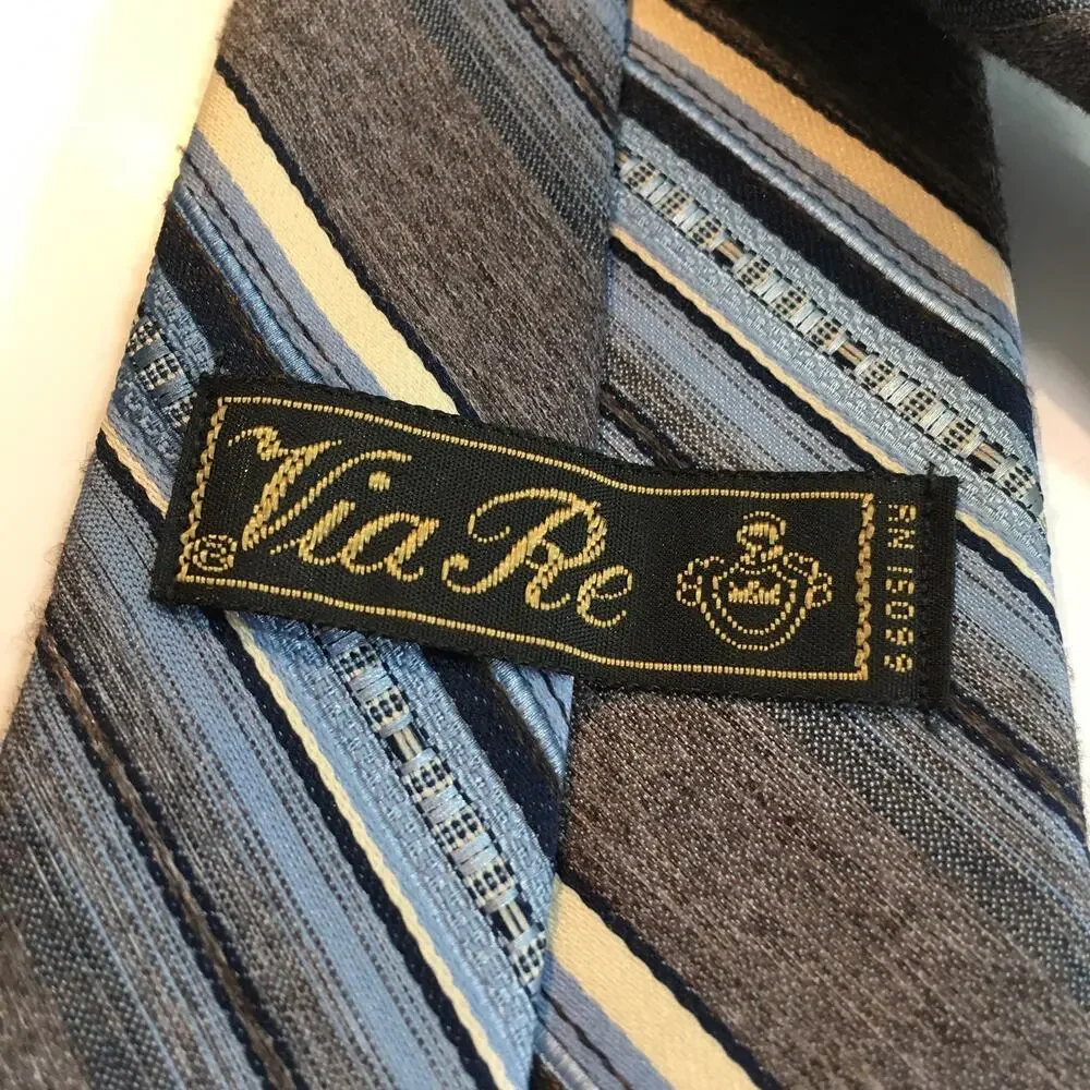 Via Re Mens Tie Blue Gray Brown White Striped Textured Necktie Embroidered Logo